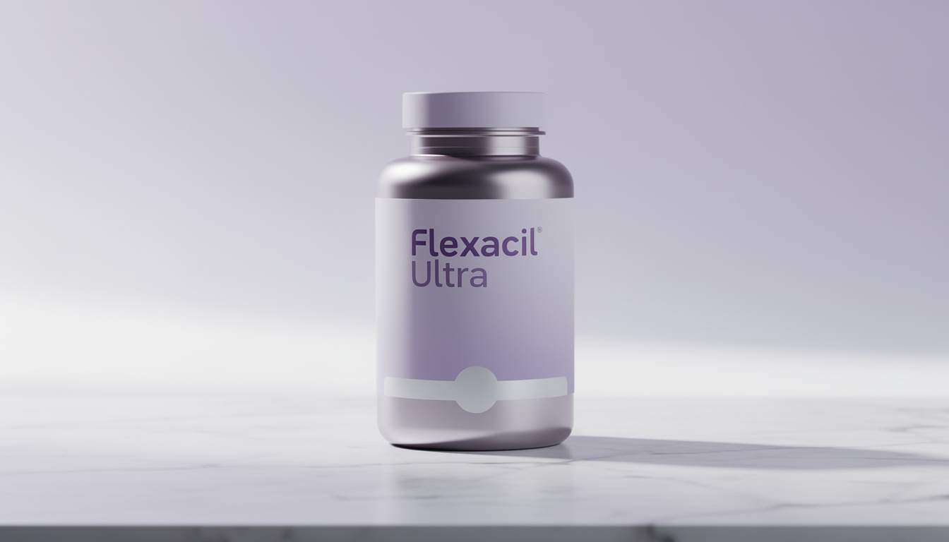 Envase de Flexacil Ultra 60 cápsulas sobre fondo neutro