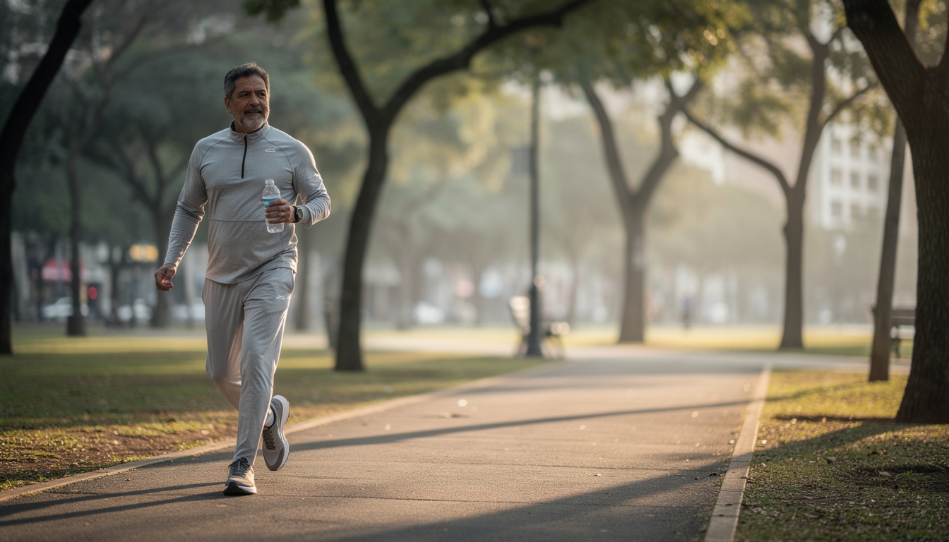 Adulto caminando en parque urbano al amanecer con ropa deportiva