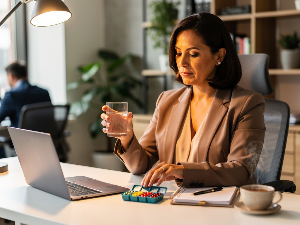 Profesional organizando suplementos sobre escritorio con agenda y taza de té