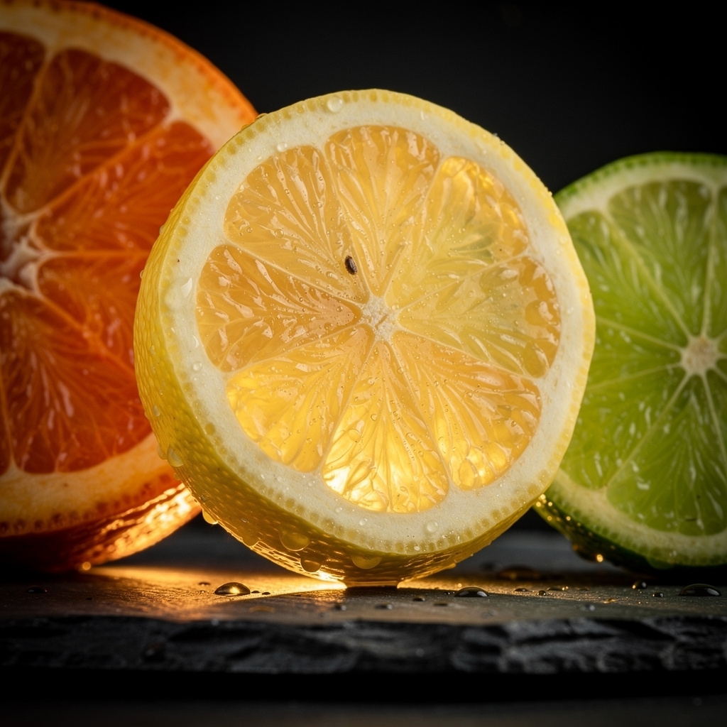 Corte transversal de frutas cítricas con gotas de jugo sobre fondo oscuro con iluminación dramática